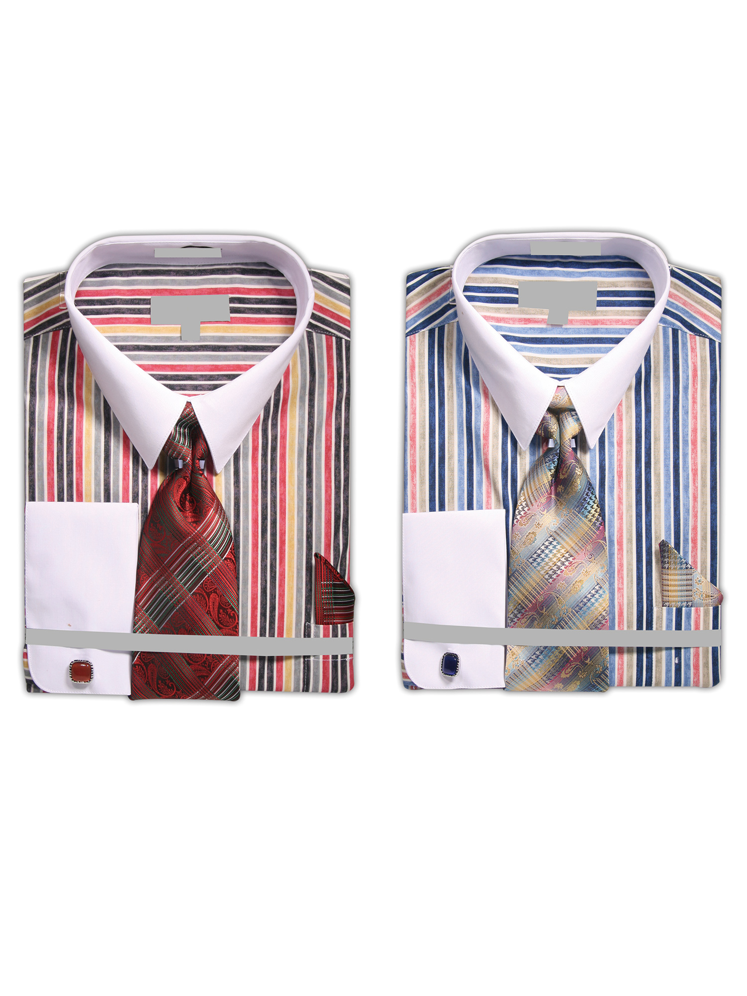 Men/'s Stylish Striped Dress Shirt w// Tie and Handkerchief French Cuff Style SG17